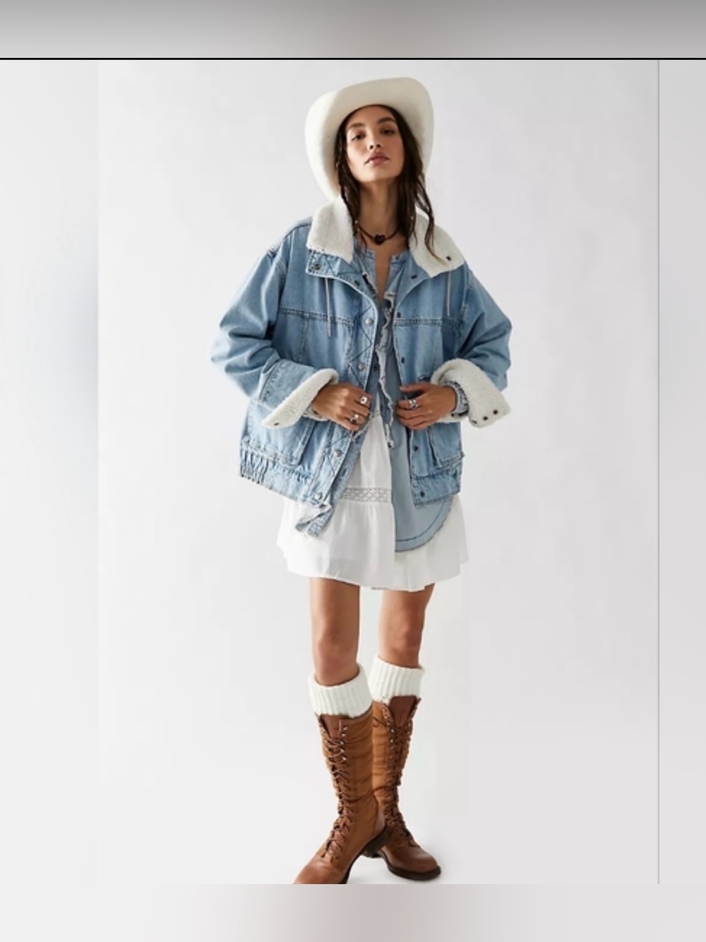 Free People We The Free Ariel Cozy Denim Sherpa Bomber Jacket - Picture 2 of 4